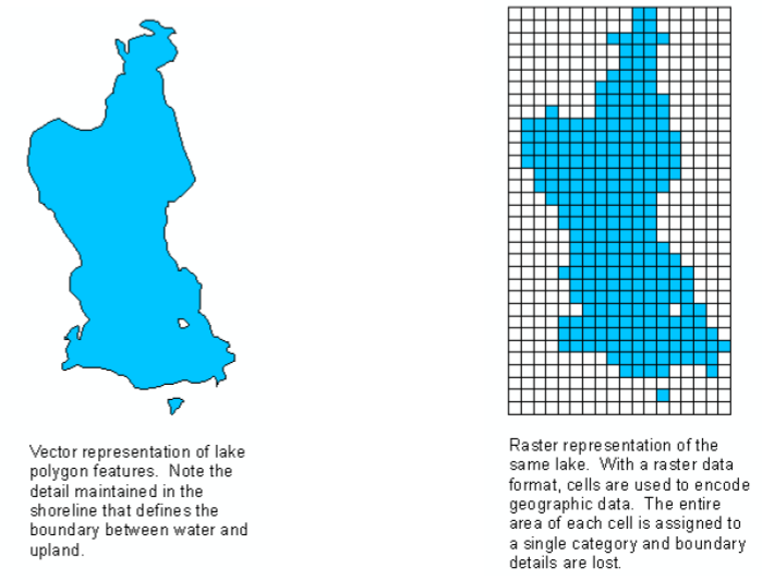 two GIS visualizations next to one another. the left is vector data, demonstrated by a lake with lines around the border. the right is raster data, represented by a grid where a lake is denoted by blue squares.